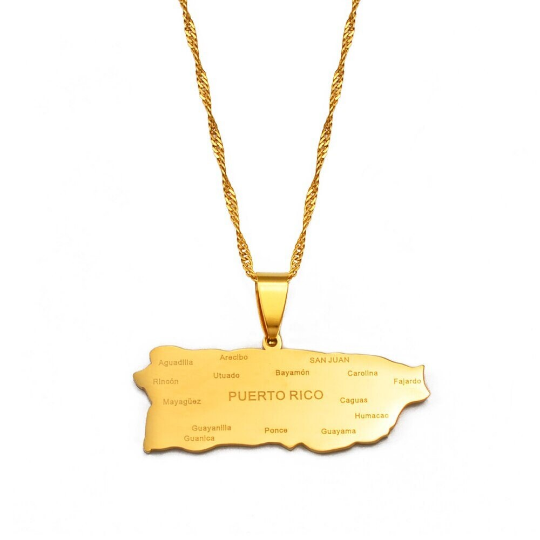 18K Gold-plated Puerto Rico Flag Necklace With City Map / Puerto Map Necklace / Puerto Rico Flag Gold Plated Necklace For Men And Women