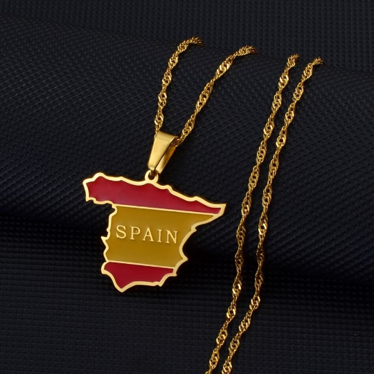 18k Gold Plated Spain Colored Necklace, Spain Earrings, Spain Jewelry, Spain Tshirt, Spain Bracelet, Spain Flag, Spain Gift Ideas
