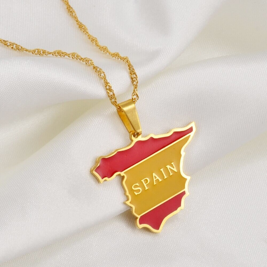 18k Gold Plated Spain Colored Necklace, Spain Earrings, Spain Jewelry, Spain Tshirt, Spain Bracelet, Spain Flag, Spain Gift Ideas
