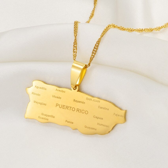 18K Gold-plated Puerto Rico Flag Necklace With City Map / Puerto Map Necklace / Puerto Rico Flag Gold Plated Necklace For Men And Women