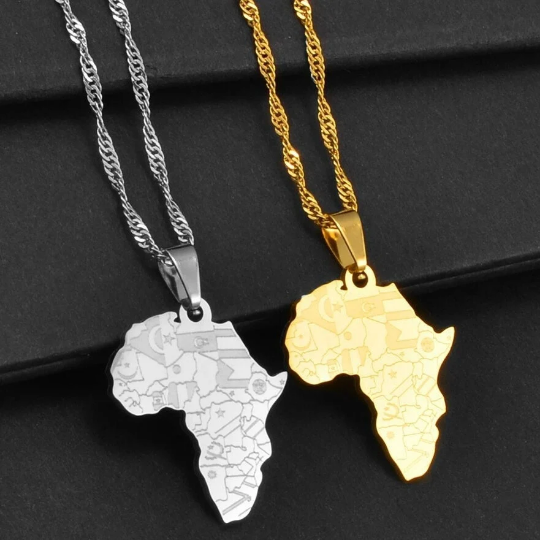 Men African Continent Necklace, Stainless Steel Silver And Gold Plated Flags Design Necklace & Chain, Gold Coin Africa Map Jewelry For Women