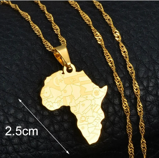 Men African Continent Necklace, Stainless Steel Silver And Gold Plated Flags Design Necklace & Chain, Gold Coin Africa Map Jewelry For Women