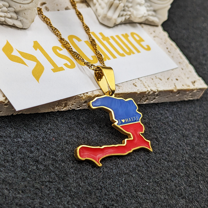 18k Gold Plated I Love Haiti Full Color Necklace - Haiti Necklace - Haiti Necklaces, Haiti Pendant - Haiti Jewelry - Haiti Charm