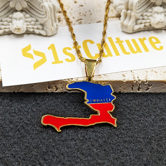 18k Gold Plated I Love Haiti Full Color Necklace - Haiti Necklace - Haiti Necklaces, Haiti Pendant - Haiti Jewelry - Haiti Charm