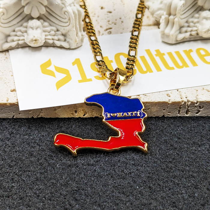 18k Gold Plated I Love Haiti Full Color Necklace - Haiti Necklace - Haiti Necklaces, Haiti Pendant - Haiti Jewelry - Haiti Charm