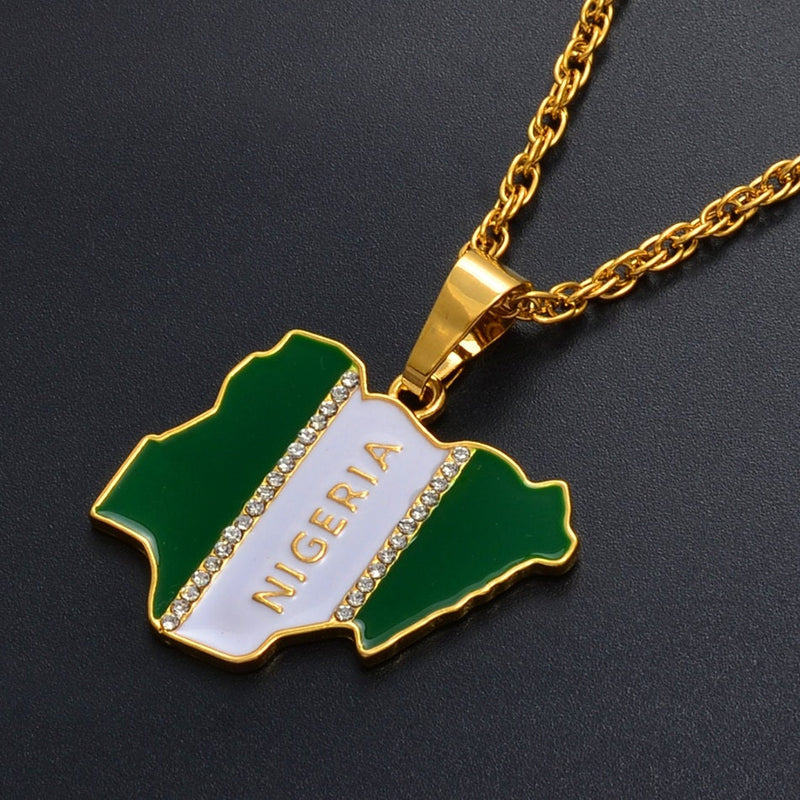 18K Gold Plated Africa Nigeria necklace, Nigerian flag, Nigeria necklace men women, Nigerian pendant, Nigeria jewelry, Nigerian bracelet