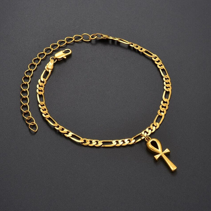 18K Gold Plated Ankh Cross Ankle Bracelet -  Ankh Cross Anklet- Egypt Hieroglyphs Anklet - Ankle bracelet for Women