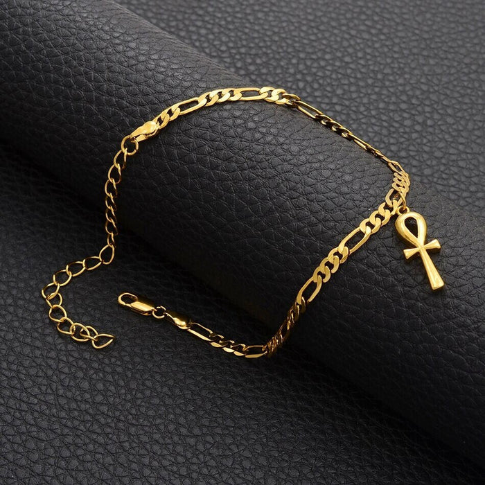 18K Gold Plated Ankh Cross Ankle Bracelet -  Ankh Cross Anklet- Egypt Hieroglyphs Anklet - Ankle bracelet for Women