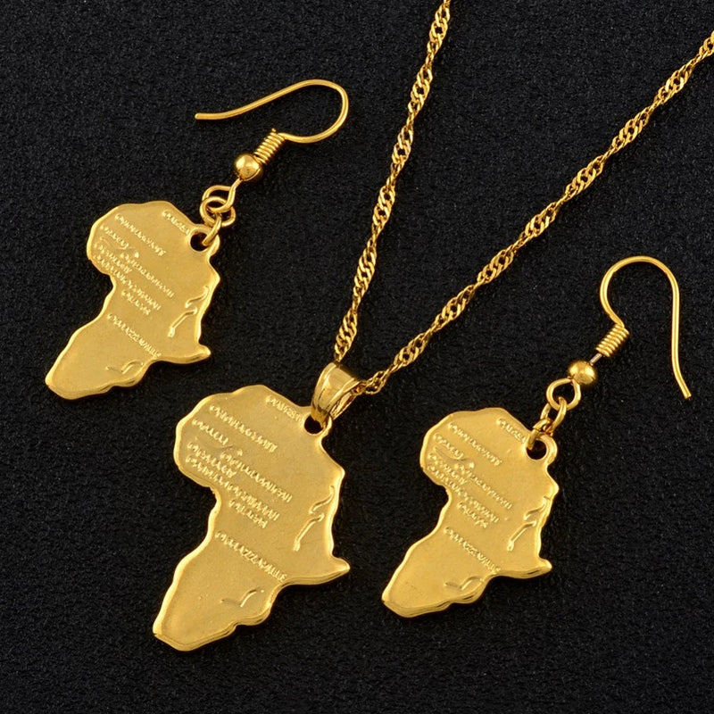 18K Gold Plated Africa Map And Earrings Set / Africa Pendant  And Earring Set / Africa Necklace / Africa Earrings