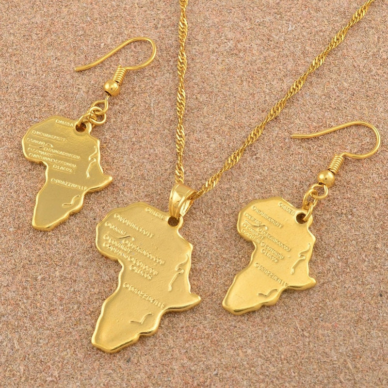 18K Gold Plated Africa Map And Earrings Set / Africa Pendant  And Earring Set / Africa Necklace / Africa Earrings