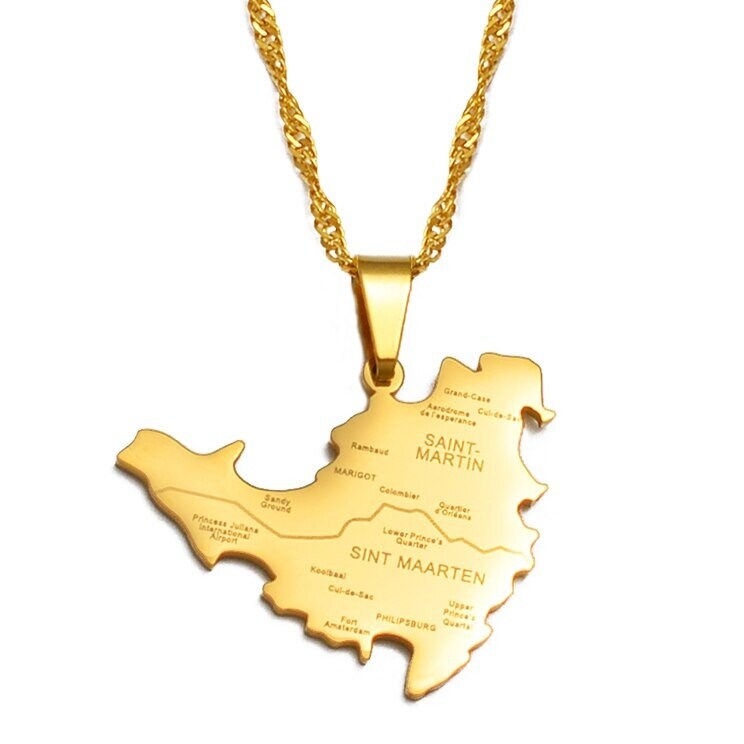 18K Gold Plated Saint Martin City Map Necklace, St Martin necklace, Saint Martin flag, Saint Martin Pendant, Saint Martin Gift