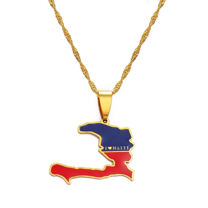 18K Gold Plated I love Haiti full Color Necklace - Haiti necklace - Haiti necklaces, Haiti pendant - Haiti jewelry - Haiti charm