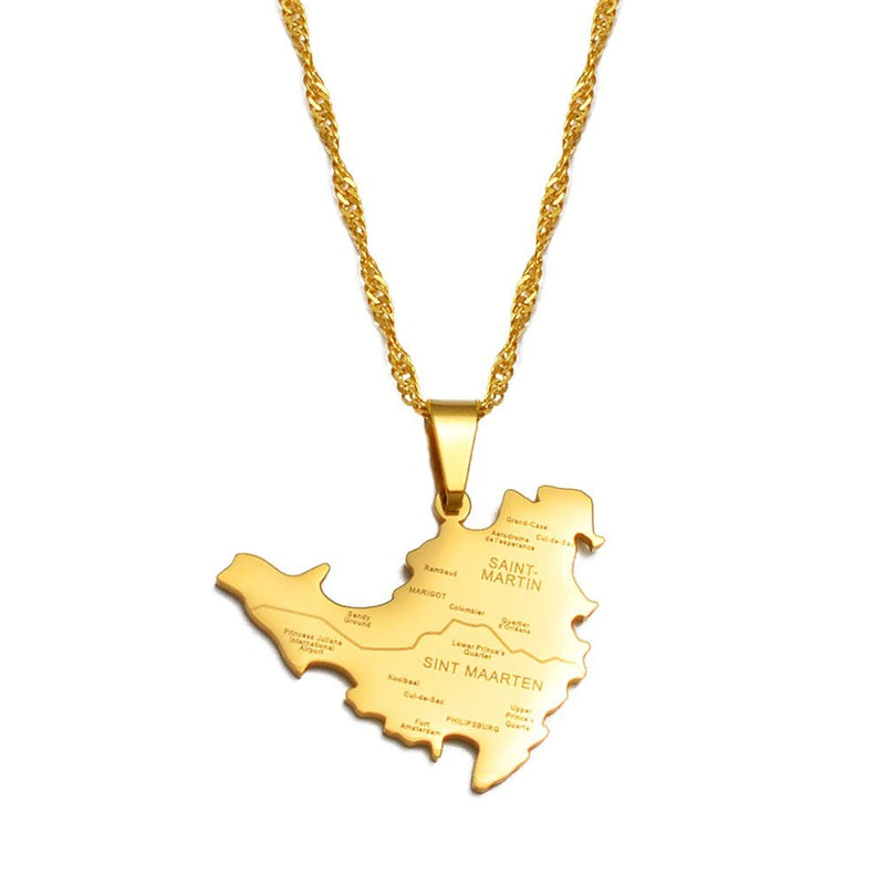 18K Gold Plated Saint Martin City Map Necklace, St Martin necklace, Saint Martin flag, Saint Martin Pendant, Saint Martin Gift