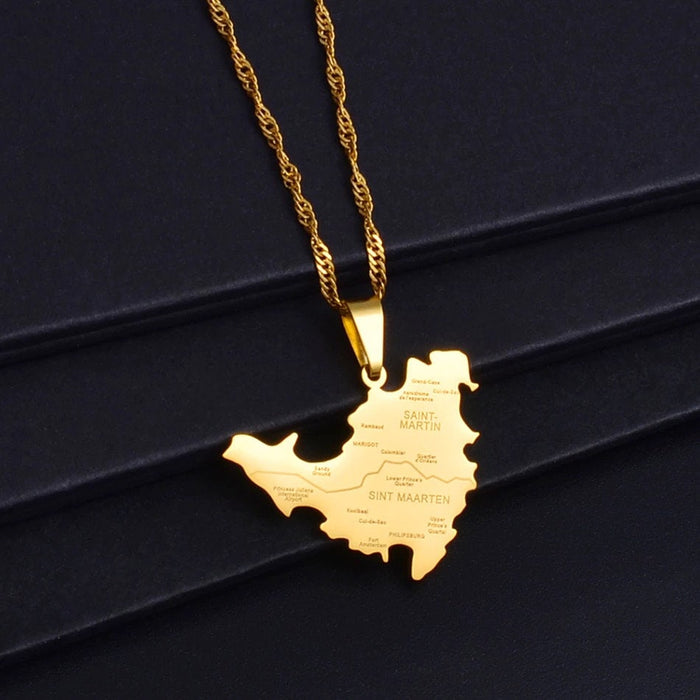 18K Gold Plated Saint Martin City Map Necklace, St Martin necklace, Saint Martin flag, Saint Martin Pendant, Saint Martin Gift