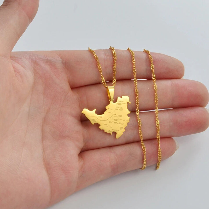 18K Gold Plated Saint Martin City Map Necklace, St Martin necklace, Saint Martin flag, Saint Martin Pendant, Saint Martin Gift