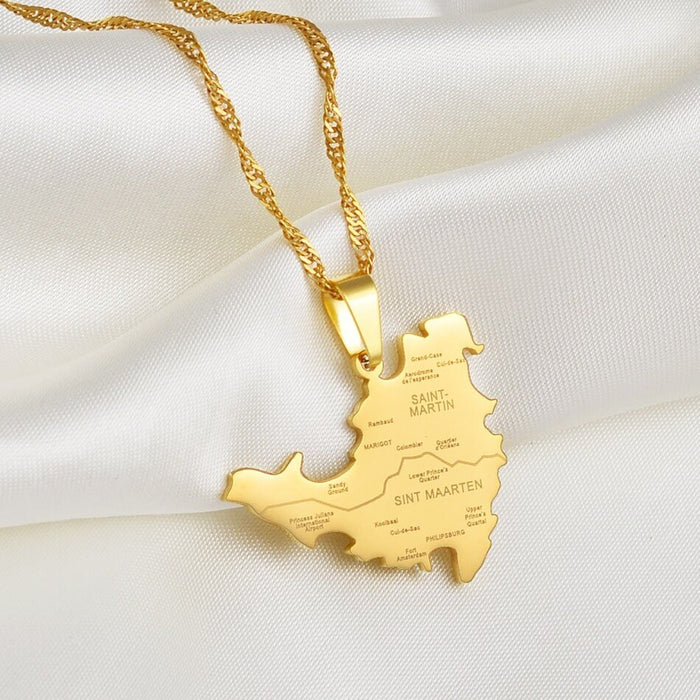 18K Gold Plated Saint Martin City Map Necklace, St Martin necklace, Saint Martin flag, Saint Martin Pendant, Saint Martin Gift