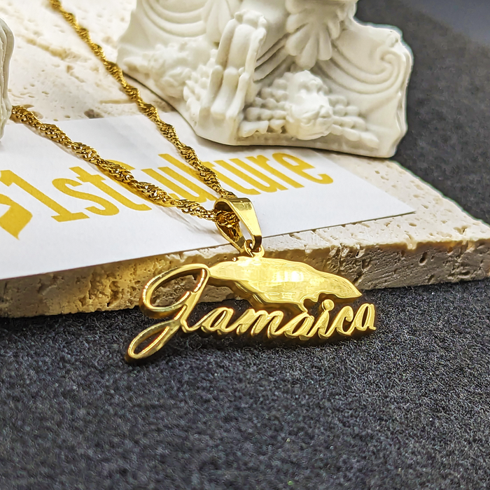 18k Gold Plated Jamaica Map Necklace - Jamaica Rhinestone Necklace - Jamaica Gold Necklace - Jamaica Jewelry - Jamaica Earrings