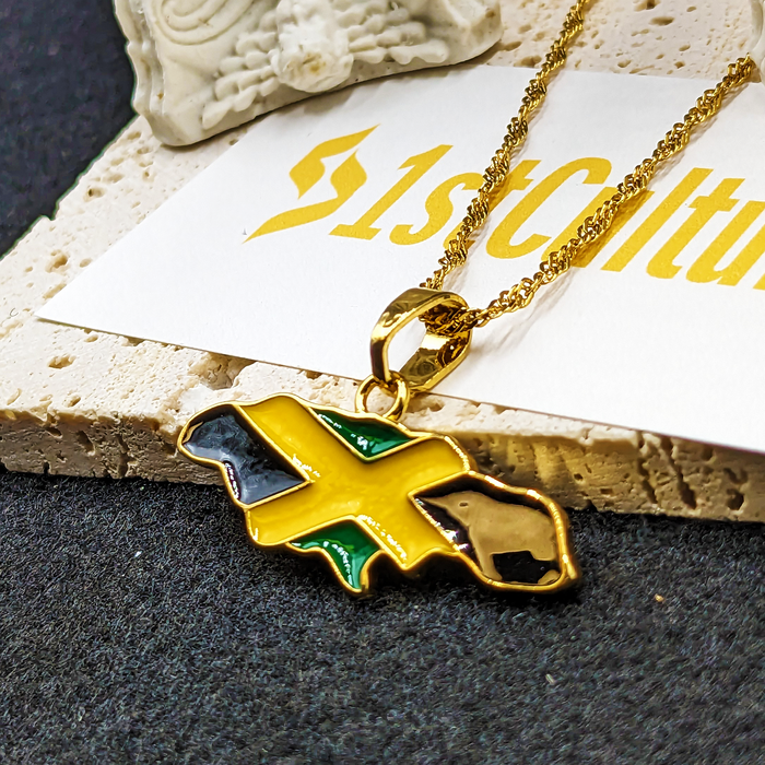 18k Gold Plated Jamaica Map Necklace Full Color - Jamaica Necklace - Jamaica Gold Necklace - Jamaica Flag Necklace - Jamaica Gift