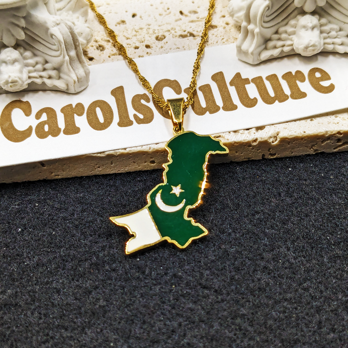 18K Gold Plated Pakistan Necklace, Pakistan Jewelry, Pakistan Flag, Pakistan Necklace, Pakistan Earrings, Pakistan Map