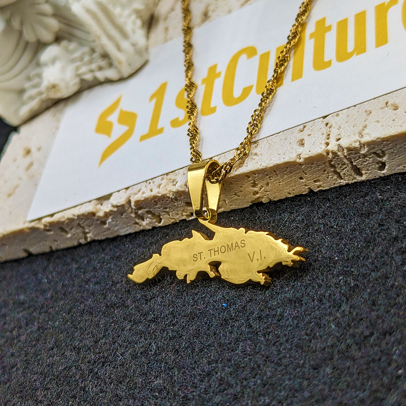 18K Gold Plated Saint Thomas Map Necklace, Saint Thomas Necklace, Saint Thomas Flag, Saint Thomas Pendant, St Thomas Gift, St Thomas Earring