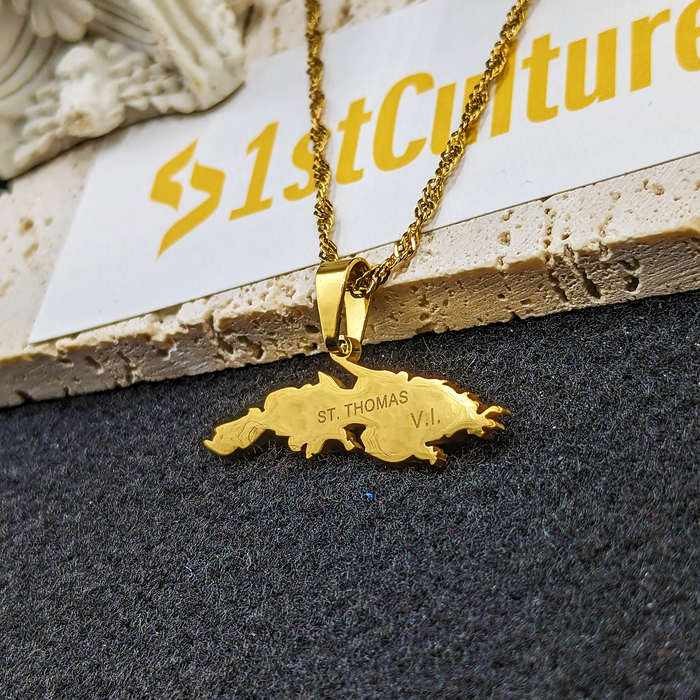 18K Gold Plated Saint Thomas Map Necklace, Saint Thomas Necklace, Saint Thomas Flag, Saint Thomas Pendant, St Thomas Gift, St Thomas Earring