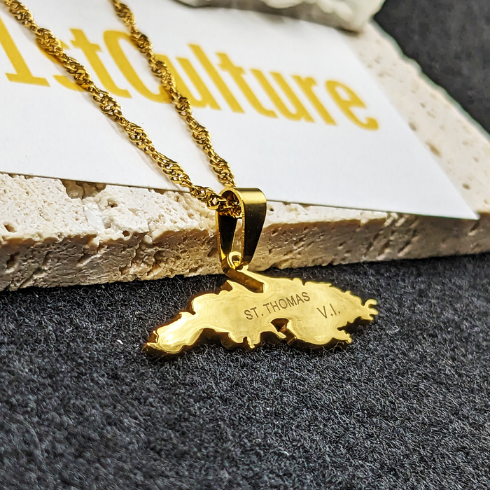 18K Gold Plated Saint Thomas Map Necklace, Saint Thomas Necklace, Saint Thomas Flag, Saint Thomas Pendant, St Thomas Gift, St Thomas Earring