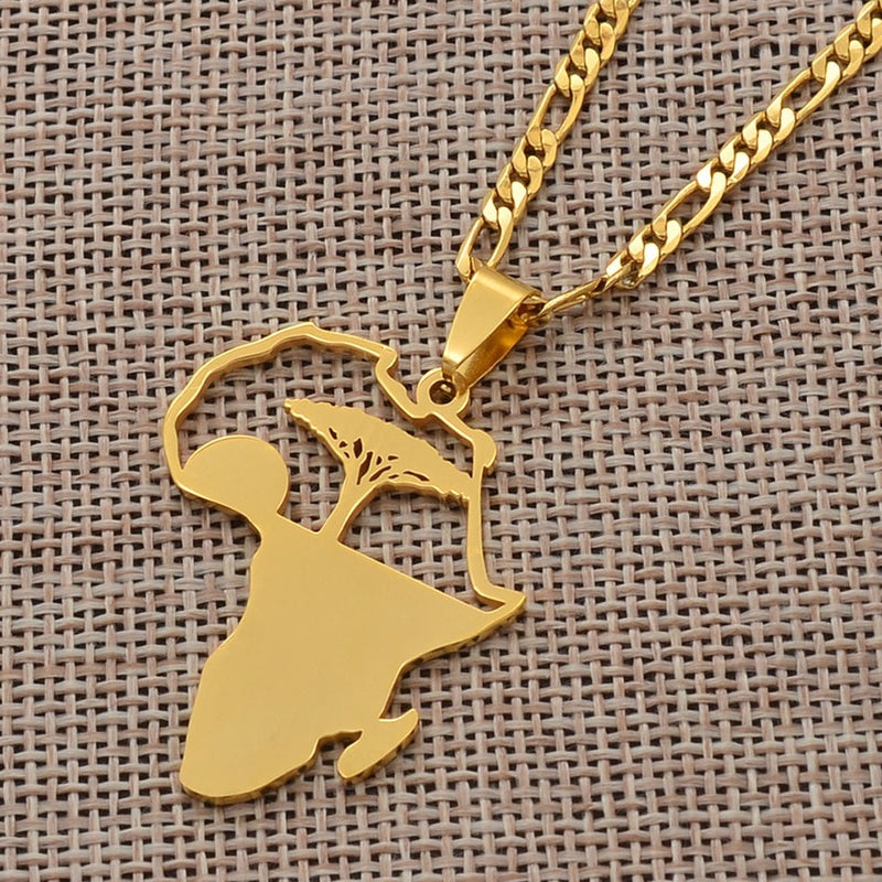 Necklace Chain - Africa Map Tree Of Life Necklaces - 18K Gold Plated Africa Pendant - Tree Necklace - Africa shaped necklace Men and Women