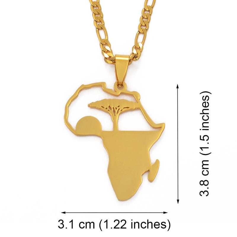 Necklace Chain - Africa Map Tree Of Life Necklaces - 18K Gold Plated Africa Pendant - Tree Necklace - Africa shaped necklace Men and Women