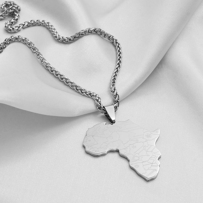 Africa Map Flags Silver Pendant Necklace for Men Woman, Stainless Steel/18K Silver Plated, Africa outline, Africa Jewelry Gift for Unisex