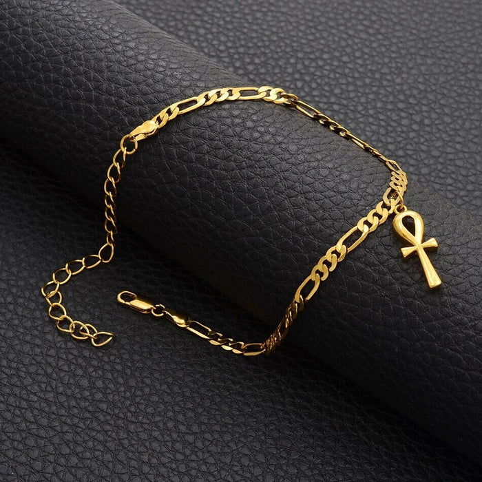18K Gold Plated Ankh Cross Ankle Bracelet -  Ankh Cross Anklet- Egypt Hieroglyphs Anklet - Ankle Bracelet For Women