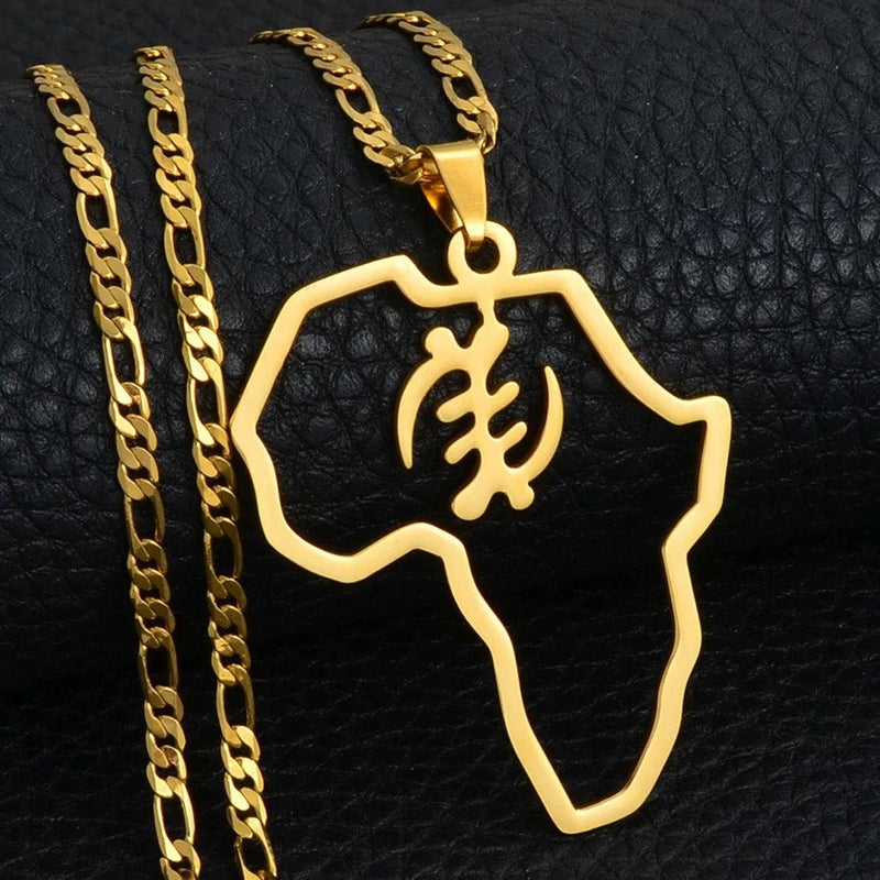 Necklaces - Africa Trendy Pendant - 18K Gold Plated Map Chains Necklaces For Men, Adinkra Gye Nyame Africa Ethnic Chain Necklace For Women