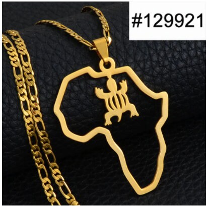 Necklaces - Africa Trendy Pendant - 18K Gold Plated Map Chains Necklaces For Men, Adinkra Gye Nyame Africa Ethnic Chain Necklace For Women