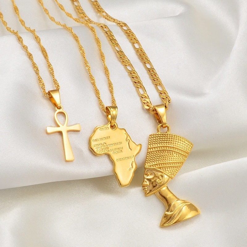18K Gold Plated Egyptian Queen Nefertiti Necklace For Women - Nefertiti Pendant - Nefertiti Rings Earrings - Ankh Necklace - Africa Necklace