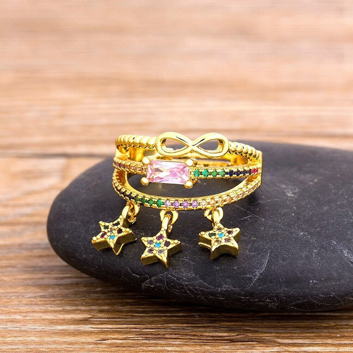 Pink Crystal Ring, Eastern Star Ring, Pentagram Midi Ring, Crystal Ring, Pentagram Ring, Eastern Star Ring, Gold Color Star Ring