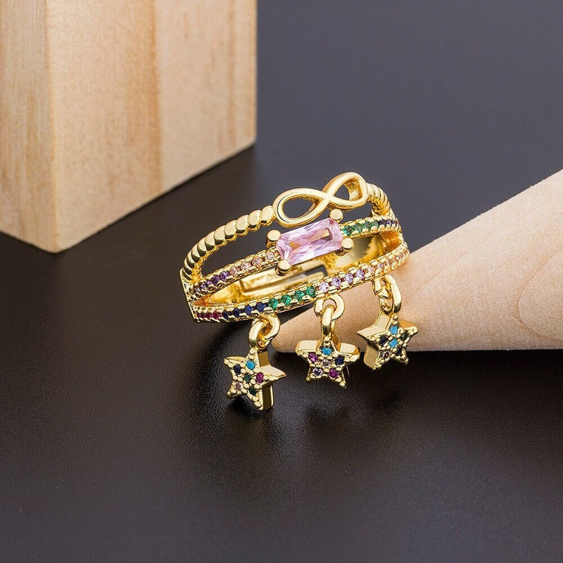 Pink Crystal Ring, Eastern Star Ring, Pentagram Midi Ring, Crystal Ring, Pentagram Ring, Eastern Star Ring, Gold Color Star Ring