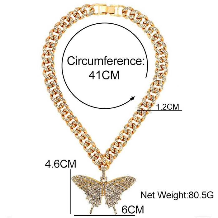 Luxury Miami Cuban Link Necklace, 12m Butterfly Cuban Link Chain, Iced Out Butterfly Cuban Choker, Gold Color Butterfly Choker,cuban Pendant