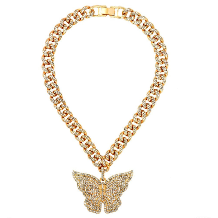 Luxury Miami Cuban Link Necklace, 12m Butterfly Cuban Link Chain, Iced Out Butterfly Cuban Choker, Gold Color Butterfly Choker,cuban Pendant