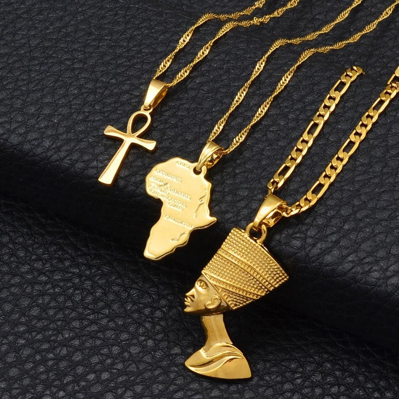 18K Gold Plated Egyptian Queen Nefertiti Necklace For Women - Nefertiti Pendant - Nefertiti Rings Earrings - Ankh Necklace - Africa Necklace