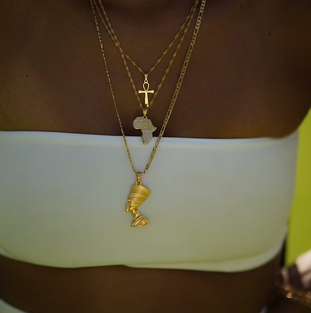 18K Gold Plated Egyptian Queen Nefertiti Necklace For Women - Nefertiti Pendant - Nefertiti Rings Earrings - Ankh Necklace - Africa Necklace