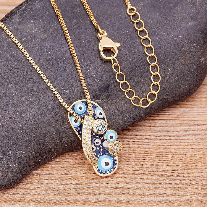 Blue Evil Eye Necklace, Enamel Slipper Necklace, Enamel Necklace, Enamel Charm Necklace, Enamel Pendant Necklace, Copper And Enamel Necklace