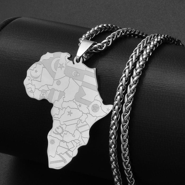 Africa Map Flags Silver Pendant Necklace for Men Woman, Stainless Steel/18K Silver Plated, Africa outline, Africa Jewelry Gift for Unisex