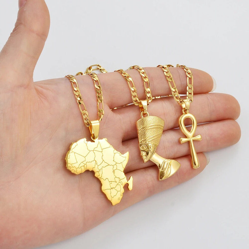 18K Gold Plated Egyptian Queen Nefertiti Necklace For Women - Nefertiti Pendant - Nefertiti Rings Earrings - Ankh Necklace - Africa Necklace