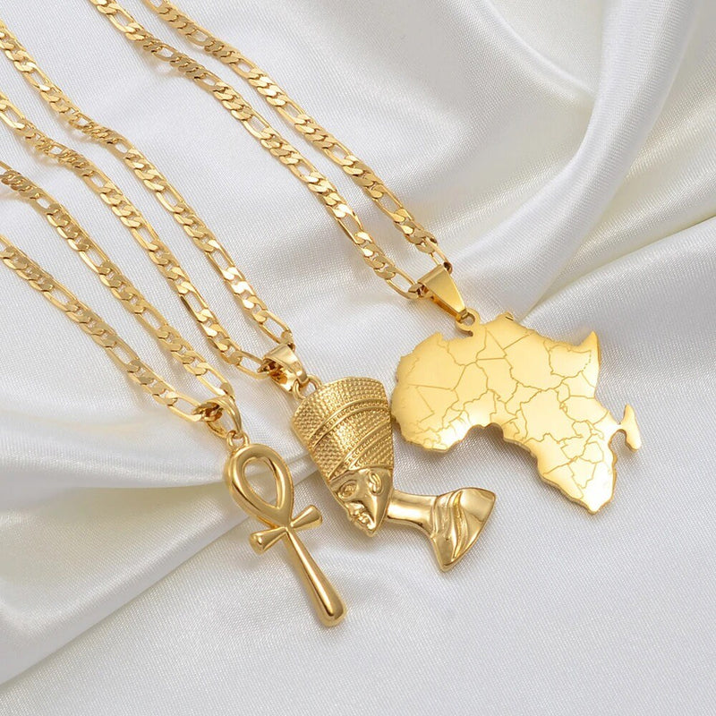 18K Gold Plated Egyptian Queen Nefertiti Necklace For Women - Nefertiti Pendant - Nefertiti Rings Earrings - Ankh Necklace - Africa Necklace